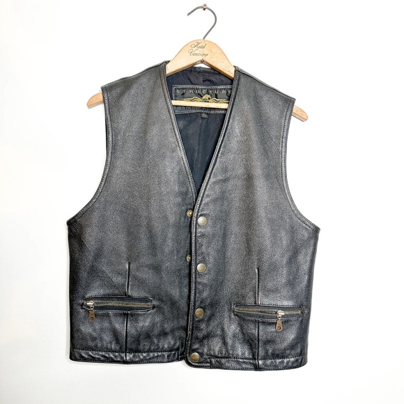 Vintage Structure Leather Vest with snap closure and Zipped Pockets | S - Picture 2 of 7